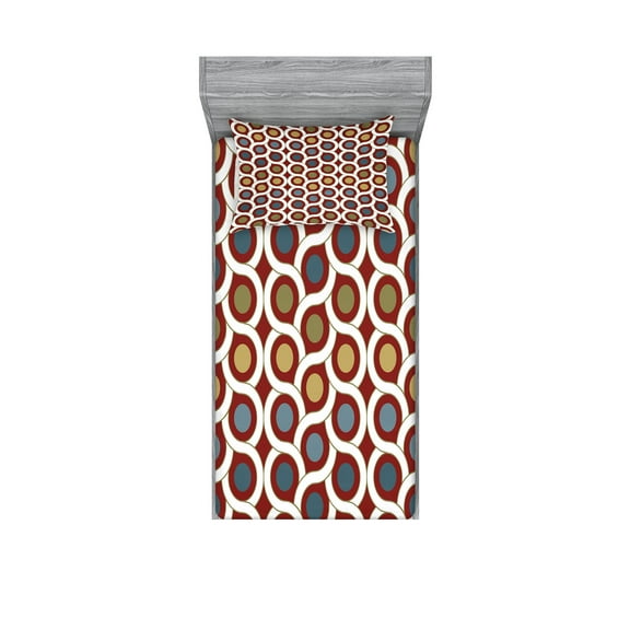 Ambesonne Abstract Fitted Sheet & Pillow Sham Set, Circular Forms Rounds, Twinxl, Ruby Khaki Blue