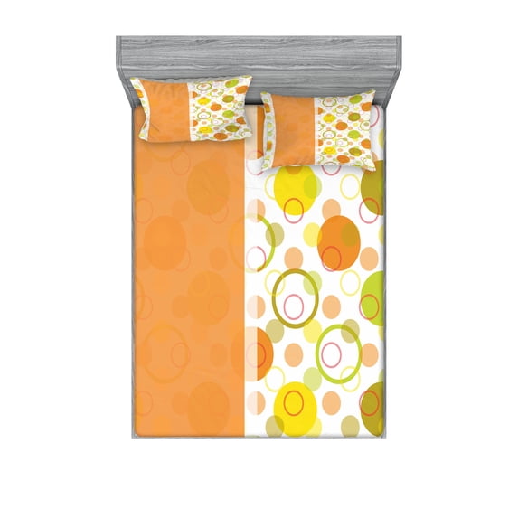 Ambesonne Abstract Fitted Sheet & Pillow Sham Set, Circular Round, Queen, Lime Green Orange Yellow