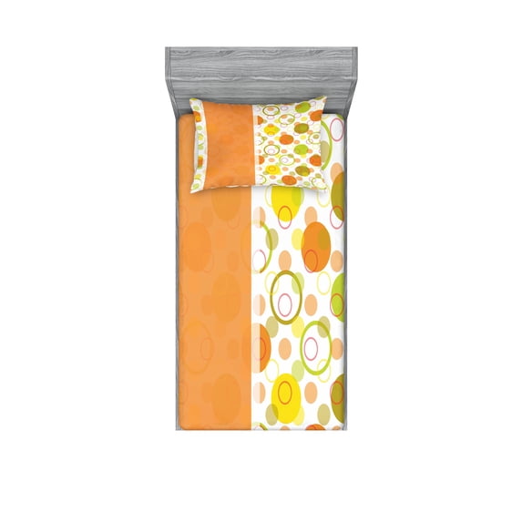 Ambesonne Abstract Fitted Sheet & Pillow Sham Set, Circular Round, Twinxl, Lime Green Orange Yellow