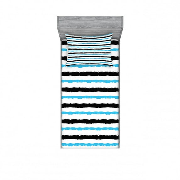 Ambesonne Abstract Fitted Sheet & Pillow Sham Set, Color Bands Stripes, Twin, Aqua Black White
