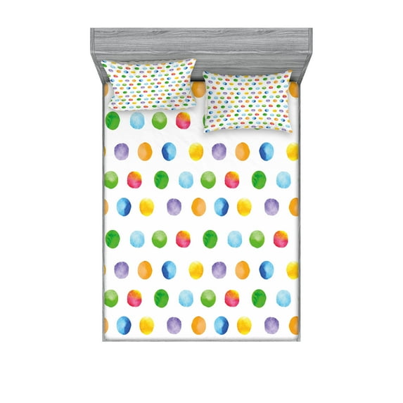 Ambesonne Abstract Fitted Sheet & Pillow Sham Set, Colored Big Polka Dots, Calking, Multicolor