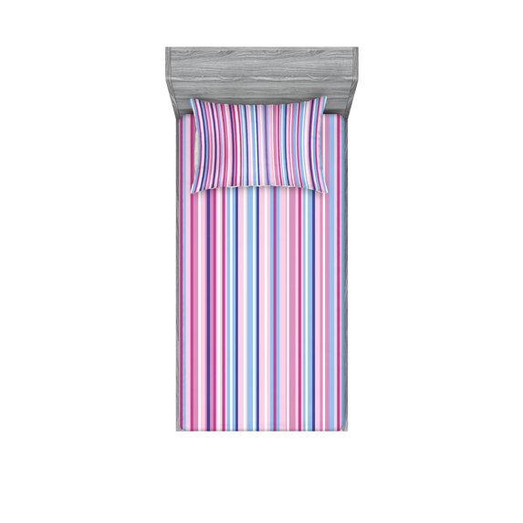 Ambesonne Abstract Fitted Sheet & Pillow Sham Set, Colored Stripes Lines, Twinxl, Pale Pink Sky Blue
