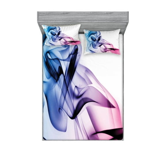 Ambesonne Abstract Fitted Sheet & Pillow Sham Set, Colorful Smoke Flow, Full, Fuchsia Blue