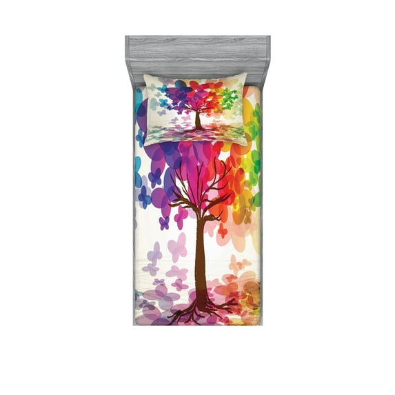 Ambesonne Abstract Fitted Sheet & Pillow Sham Set, Colorful Spring Tree, Twinxl, Multicolor
