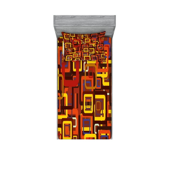 Ambesonne Abstract Fitted Sheet & Pillow Sham Set, Colorful Trippy Square, Twin, Multicolor