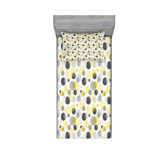 Ambesonne Abstract Fitted Sheet & Pillow Sham Set, Contemporary Dotted Ovals, Twinxl, Dark Blue Grey Mustard