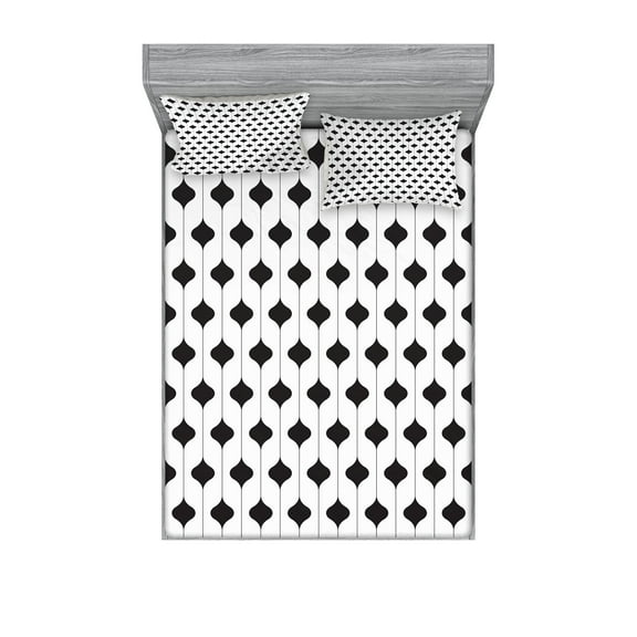 Ambesonne Abstract Fitted Sheet & Pillow Sham Set, Curve Shape Vertical Lines, Queen, White and Black