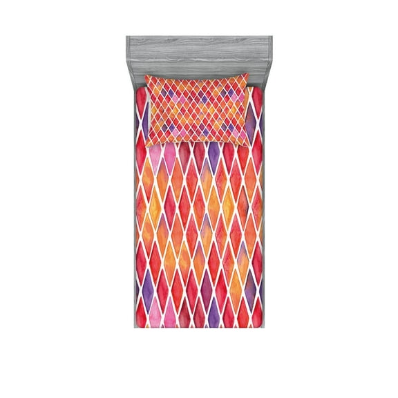 Ambesonne Abstract Fitted Sheet & Pillow Sham Set, Diamond Shapes Mosaic, Twinxl, Orange Purple Pink