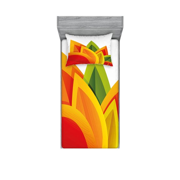 Ambesonne Abstract Fitted Sheet & Pillow Sham Set, Digital Autmun Leaf, Twinxl, Orange Green