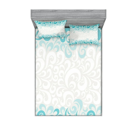 Ambesonne Abstract Fitted Sheet & Pillow Sham Set, Floral Classic Design, Calking, Teal Turquoise White