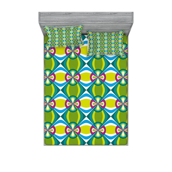 Ambesonne Abstract Fitted Sheet & Pillow Sham Set, Floral Curvy Checked, Queen, Multicolor