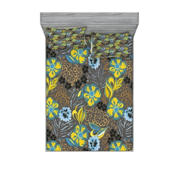 Ambesonne Abstract Fitted Sheet & Pillow Sham Set, Flowers Circled Detail, Queen, Multicolor