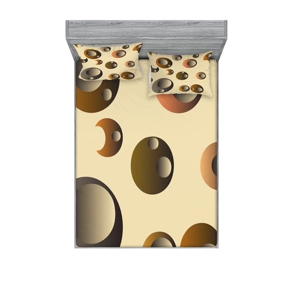 Ambesonne Abstract Fitted Sheet & Pillow Sham Set, Funky Bubbles Round, Queen, Pale Brown Caramel