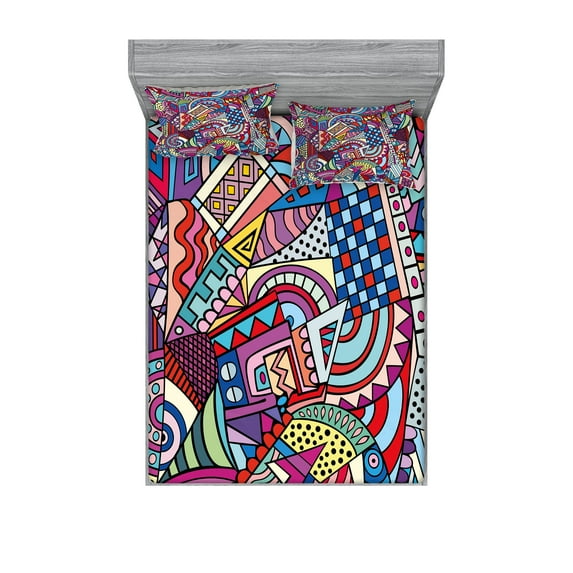 Ambesonne Abstract Fitted Sheet & Pillow Sham Set, Funky Modern, Full, Multicolor