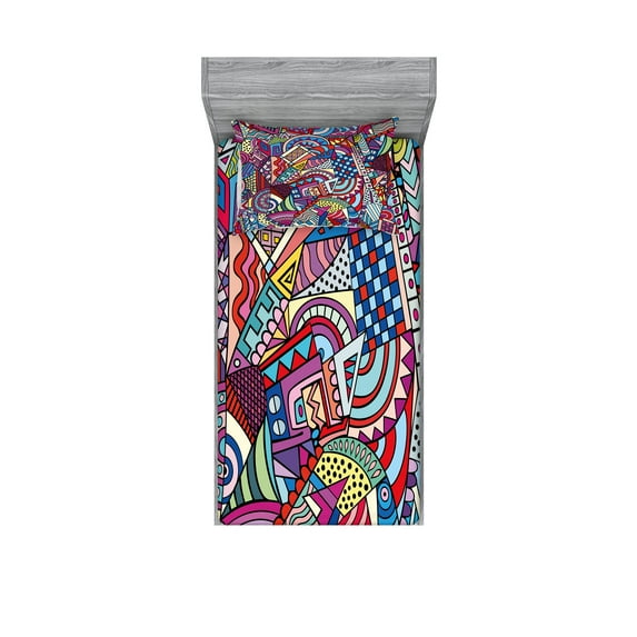 Ambesonne Abstract Fitted Sheet & Pillow Sham Set, Funky Modern, Twin, Multicolor