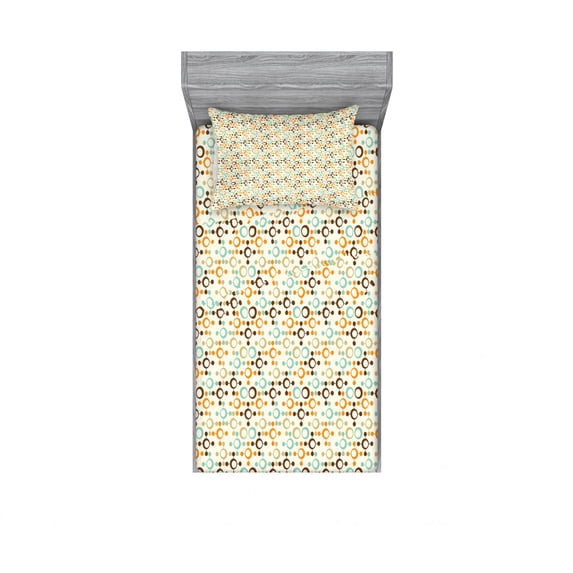 Ambesonne Abstract Fitted Sheet & Pillow Sham Set, Funky Molecule Like, Twin, Orange Grey Pale Blue
