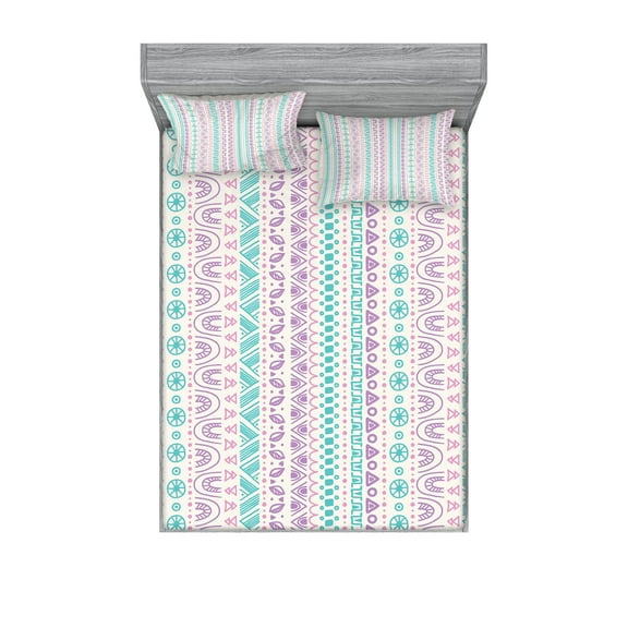 Ambesonne Abstract Fitted Sheet & Pillow Sham Set, Geometric Art, Full, Lilac Turquoise