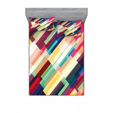Ambesonne Abstract Fitted Sheet & Pillow Sham Set, Geometric Color Lines, Full, Multicolor