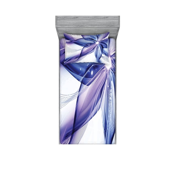 Ambesonne Abstract Fitted Sheet & Pillow Sham Set, Geometric Flowers, Twin, Purple White and Blue