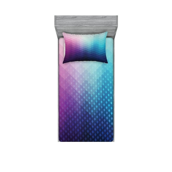 Ambesonne Abstract Fitted Sheet & Pillow Sham Set, Geometric Fractal Triangle, Twinxl, Pink Blue