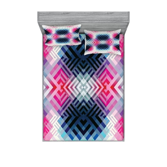 Ambesonne Abstract Fitted Sheet & Pillow Sham Set, Geometric Lines Angle, Queen, Multicolor