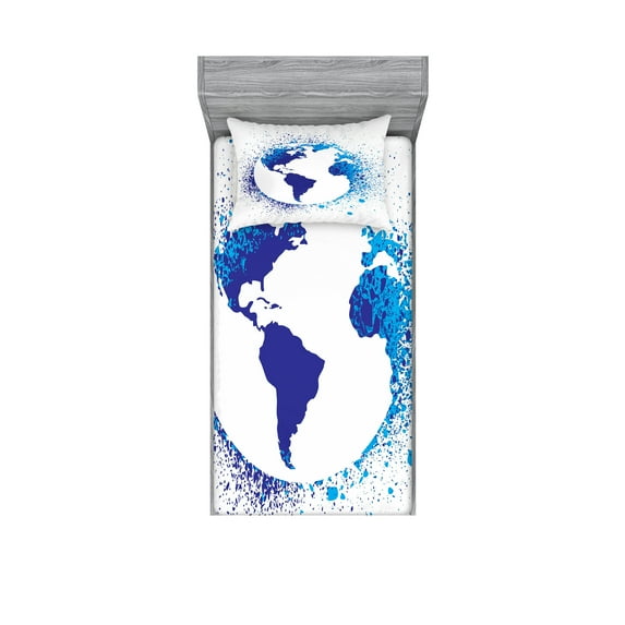 Ambesonne Abstract Fitted Sheet & Pillow Sham Set, Globe Ink Effect Map, Twinxl, Blue White