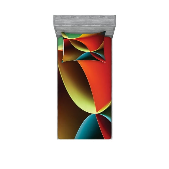 Ambesonne Abstract Fitted Sheet & Pillow Sham Set, Graphic Colored, Twinxl, Orange White