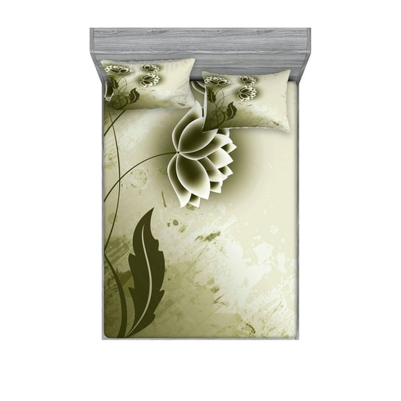 Ambesonne Abstract Fitted Sheet & Pillow Sham Set, Grey Flowers Ivy Leaf, Full, Olive Green Dark Green