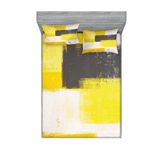 Ambesonne Abstract Fitted Sheet & Pillow Sham Set, Grunge Brushstrokes, Full, Grey Yellow