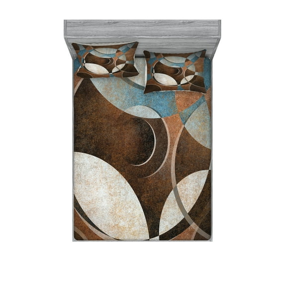 Ambesonne Abstract Fitted Sheet & Pillow Sham Set, Grunge Vintage Rounds, King, Umber Slate Blue