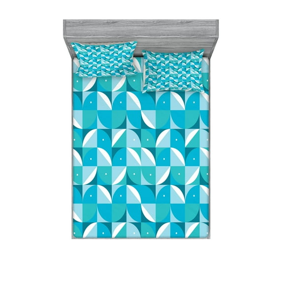 Ambesonne Abstract Fitted Sheet & Pillow Sham Set, Half Circles Triangle, Queen, Aqua and Sky Blue