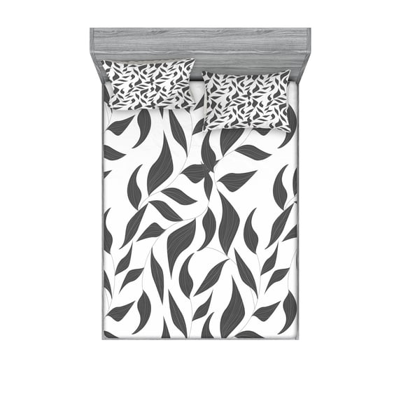 Ambesonne Abstract Fitted Sheet & Pillow Sham Set, Leaves on Vines Nature, Full, Grey and White