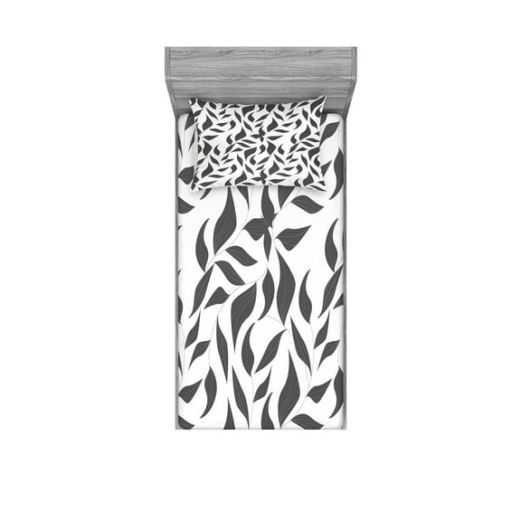 Ambesonne Abstract Fitted Sheet & Pillow Sham Set, Leaves on Vines Nature, Twin, Grey and White