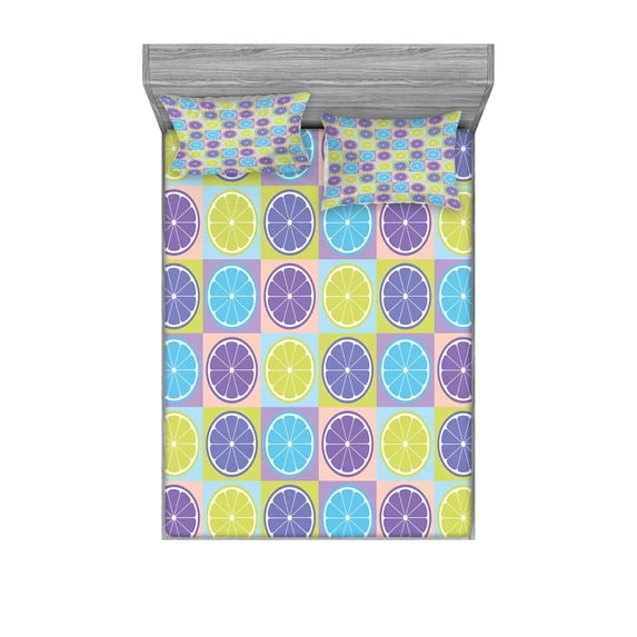 Ambesonne Abstract Fitted Sheet & Pillow Sham Set, Lemon Pattern Citrus, Queen, Pale Green and Violet