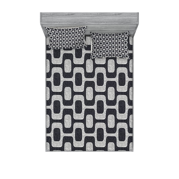 Ambesonne Abstract Fitted Sheet & Pillow Sham Set, Modern Pavement Mosaic, Queen, Black Pale Grey White