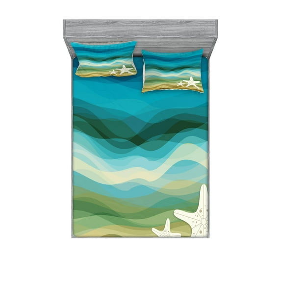 Ambesonne Abstract Fitted Sheet & Pillow Sham Set, Modern Waves Starfish, Full, Blue Beige
