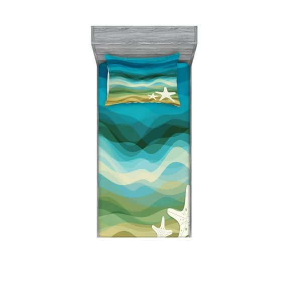 Ambesonne Abstract Fitted Sheet & Pillow Sham Set, Modern Waves Starfish, Twin, Blue Beige