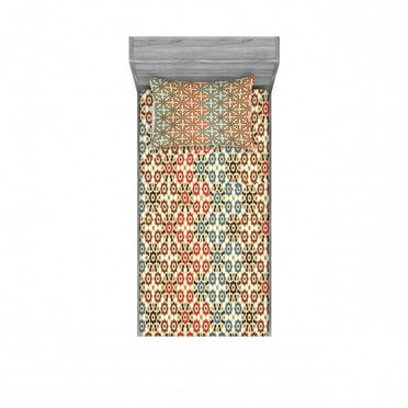 Ambesonne Abstract Fitted Sheet & Pillow Sham Set, Mosaic Look Cultural Motif, Twinxl, Beige Multicolor