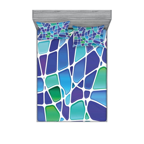 Ambesonne Abstract Fitted Sheet & Pillow Sham Set, Mosaic Trippy Vivid, Queen, Jade Green Royal Blue