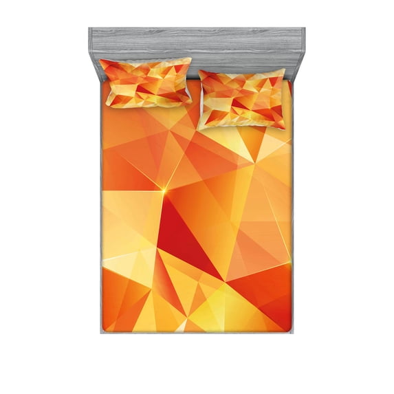 Ambesonne Abstract Fitted Sheet & Pillow Sham Set, Orange Triangles Art, Full, Orange and Yellow