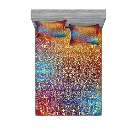Ambesonne Abstract Fitted Sheet & Pillow Sham Set, Oriental Floral Detail, Full, Multicolor