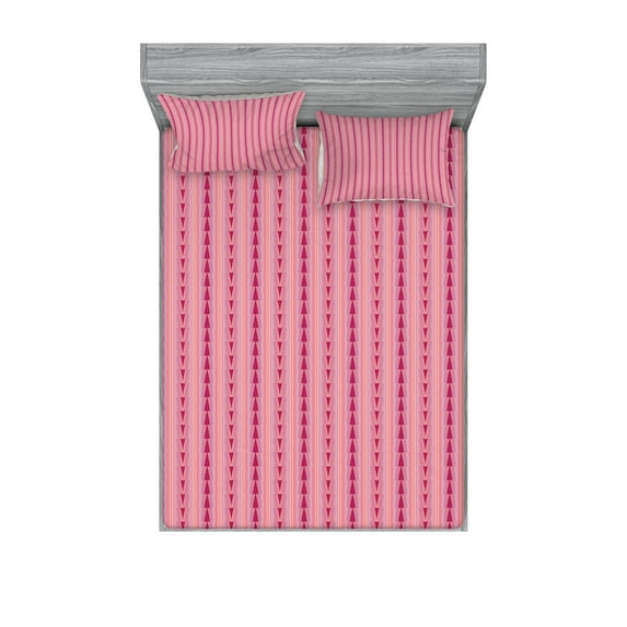 Ambesonne Abstract Fitted Sheet & Pillow Sham Set, Pinkish Triangles, Full, Multicolor