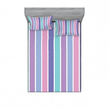 Ambesonne Abstract Fitted Sheet & Pillow Sham Set, Polka Dot with Stripes, Queen, Violet and Violet Blue
