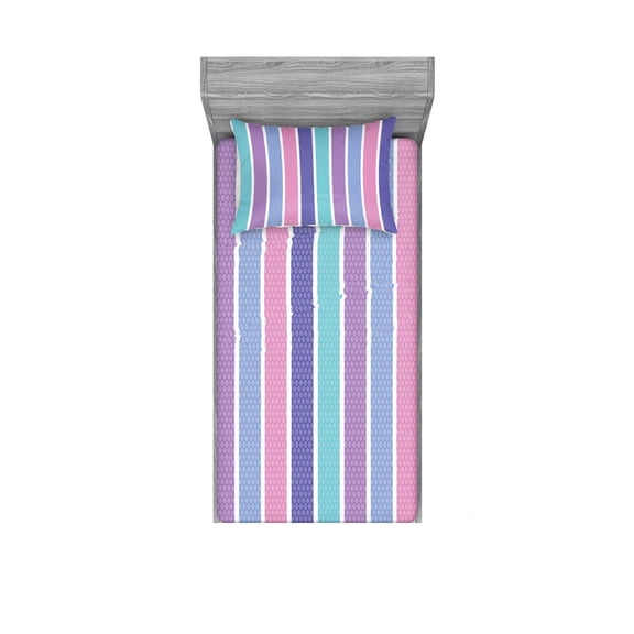 Ambesonne Abstract Fitted Sheet & Pillow Sham Set, Polka Dot with Stripes, Twin, Violet and Violet Blue