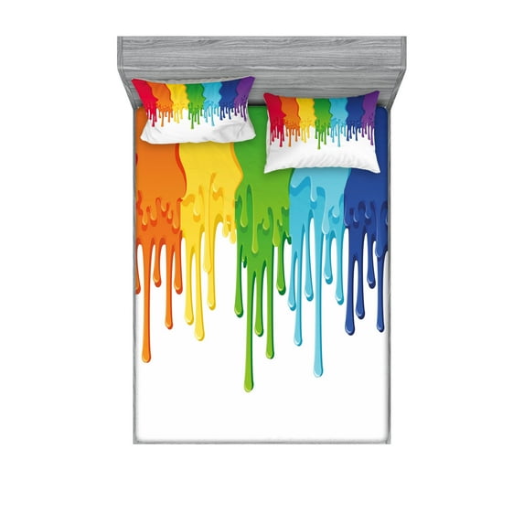 Ambesonne Abstract Fitted Sheet & Pillow Sham Set, Rainbow Colored Paint, Full, Multicolor