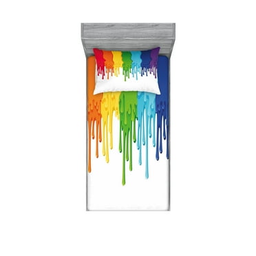 Ambesonne Abstract Fitted Sheet & Pillow Sham Set, Rainbow Colored Paint, Twin, Multicolor