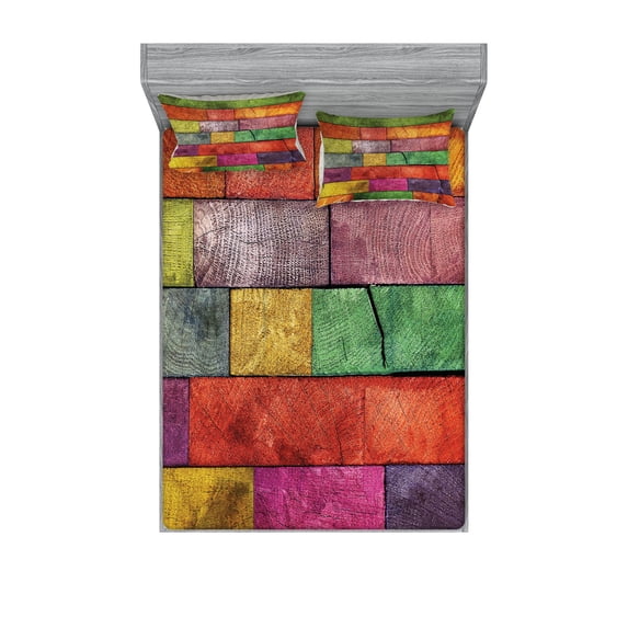 Ambesonne Abstract Fitted Sheet & Pillow Sham Set, Rainbow Timber Art, Queen, Multicolor