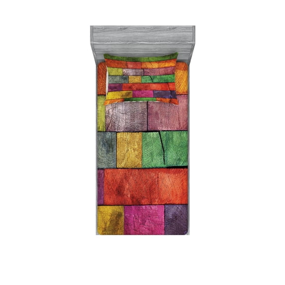 Ambesonne Abstract Fitted Sheet & Pillow Sham Set, Rainbow Timber Art, Twin, Multicolor