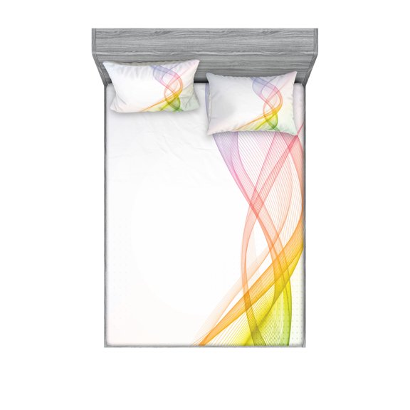 Ambesonne Abstract Fitted Sheet & Pillow Sham Set, Rainbow Wavy Smoke, Full, Multicolor