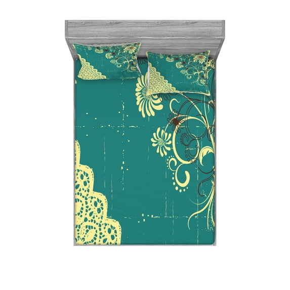 Ambesonne Abstract Fitted Sheet & Pillow Sham Set, Retro Flora Lace Frame, Queen, White and Jade Green